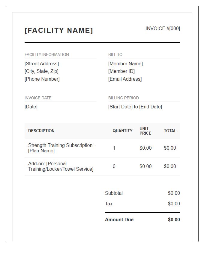 Strength Training Facility Subscription Invoice Template