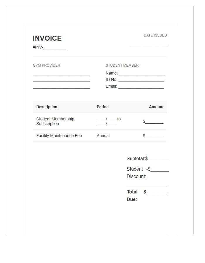 Student Gym Membership Subscription Invoice Template
