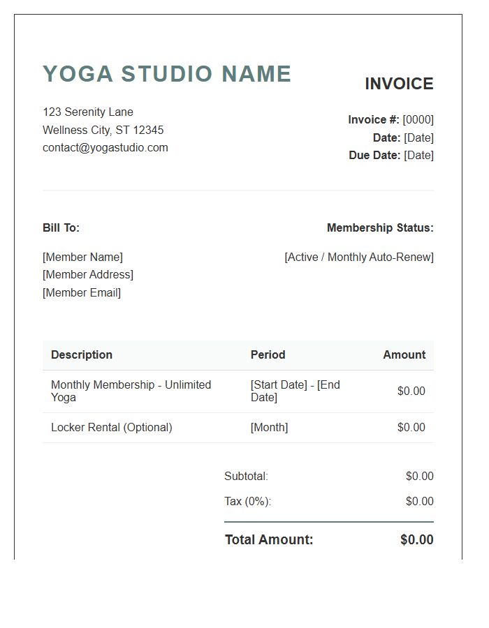 Yoga Studio Monthly Membership Invoice Template