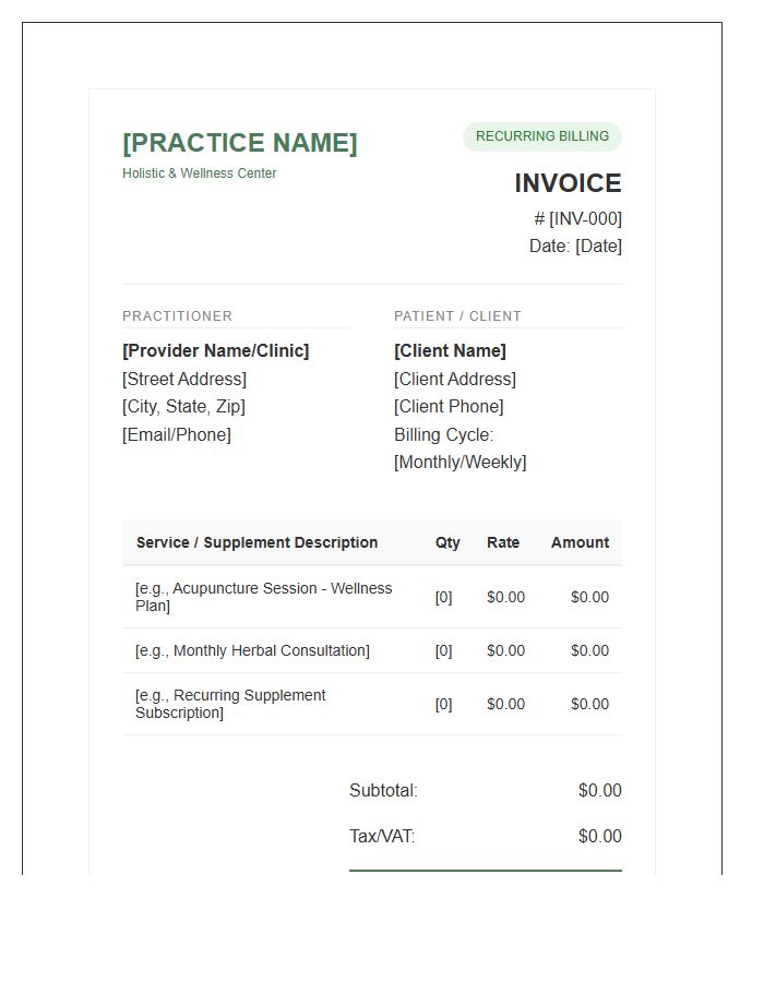 Alternative Medicine Recurring Invoice Template