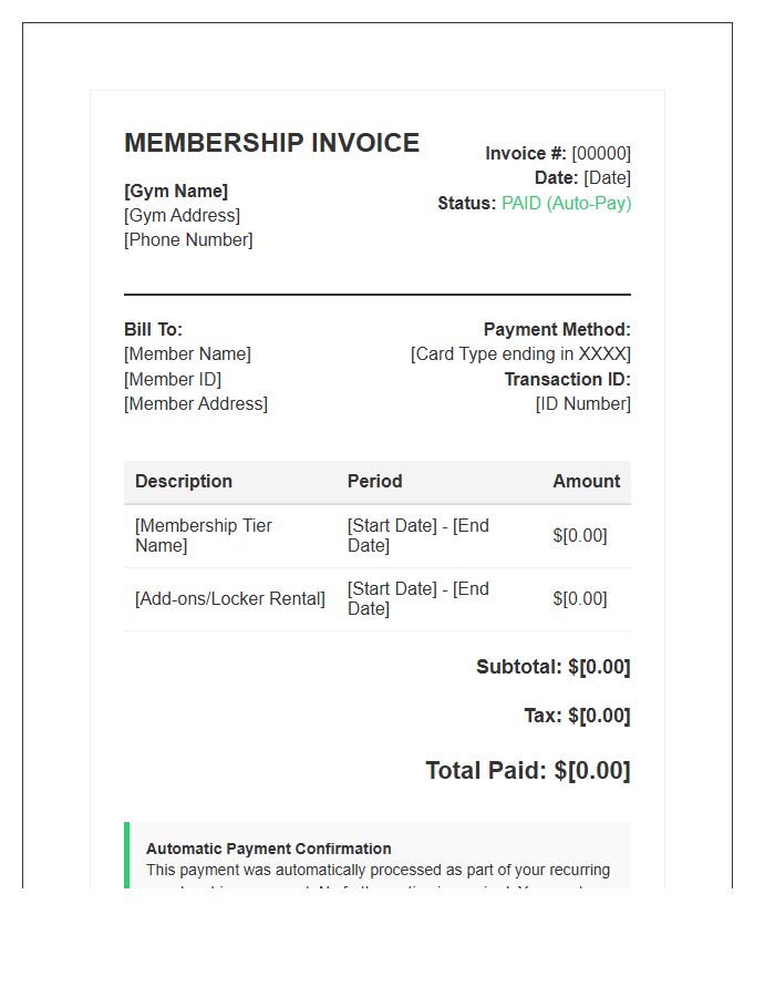 Gym Membership Auto Pay Invoice Template