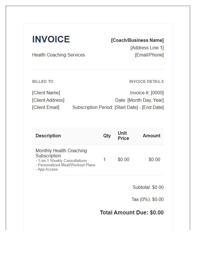 Health Coaching Monthly Subscription Invoice Template