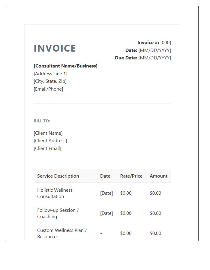 Holistic Wellness Consultant Service Invoice Template