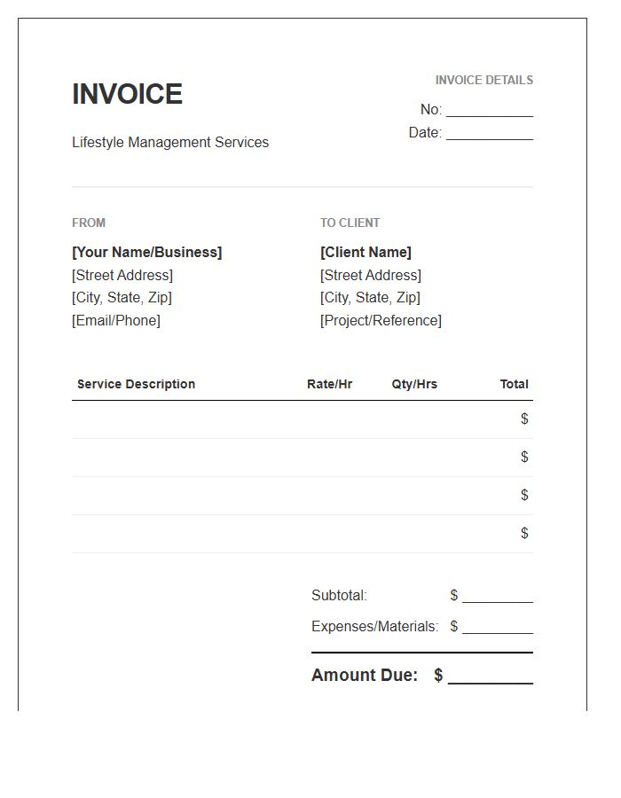Lifestyle Management Service Invoice Template