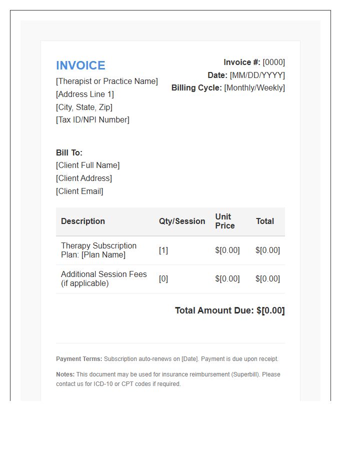 Mental Health Therapy Subscription Invoice Template