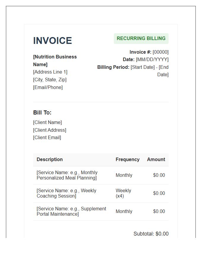 Nutrition Services Recurring Billing Invoice Template