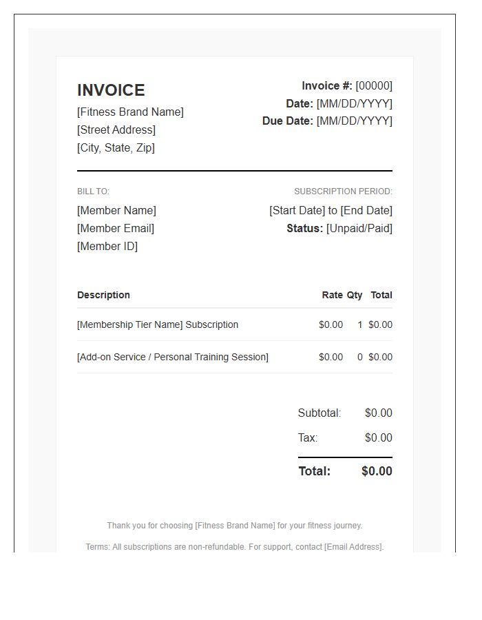 Online Fitness Membership Subscription Invoice Template