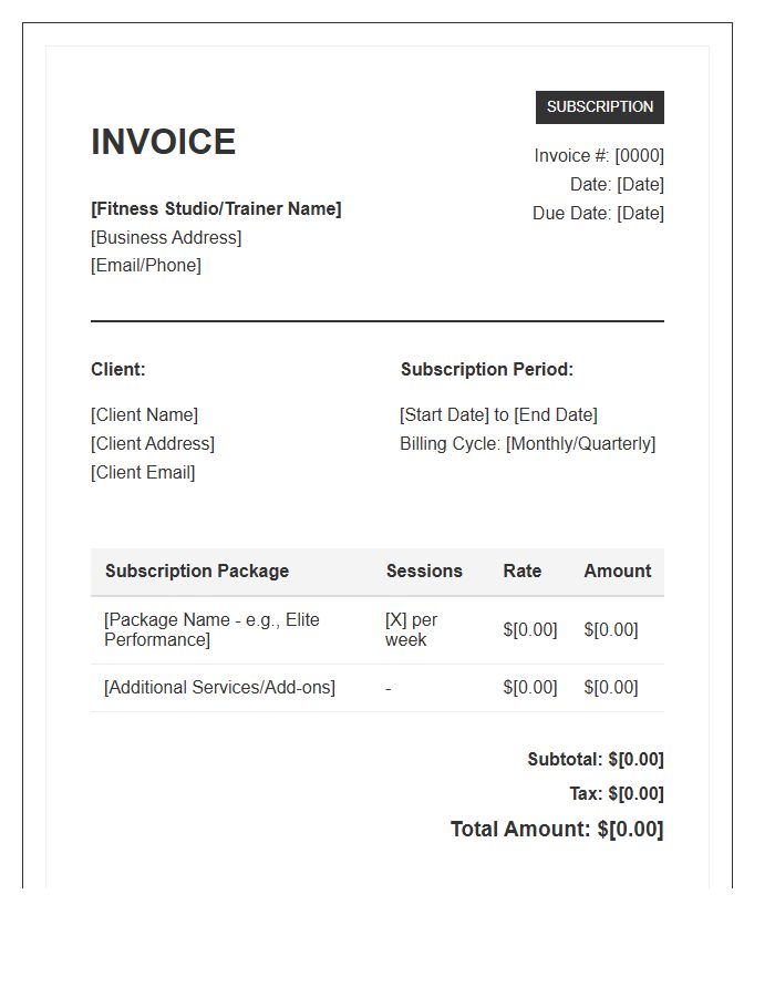 Personal Training Package Subscription Invoice Template