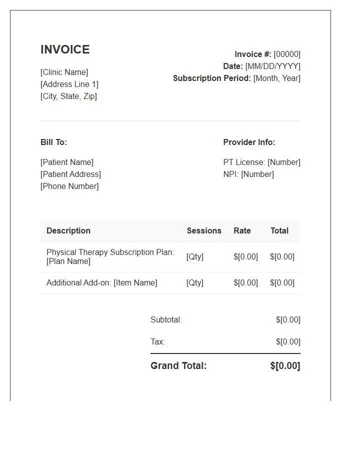 Physical Therapy Session Subscription Invoice Template