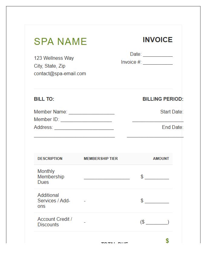 Spa Membership Monthly Billing Invoice Template