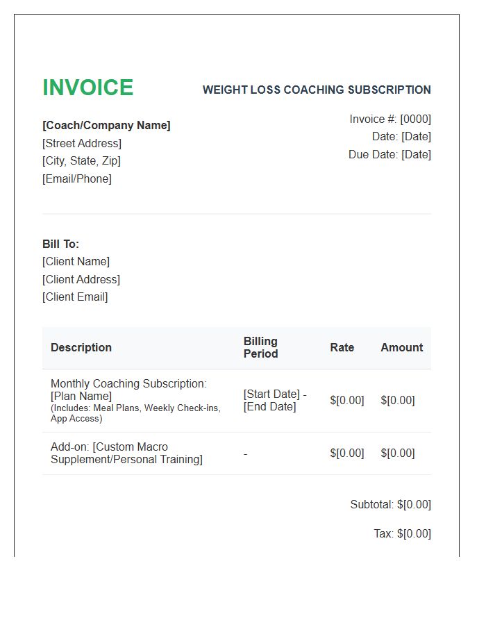 Weight Loss Coaching Subscription Invoice Template