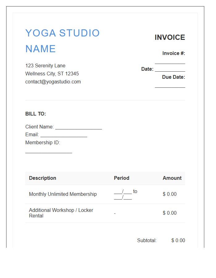 Yoga Studio Monthly Membership Invoice Template