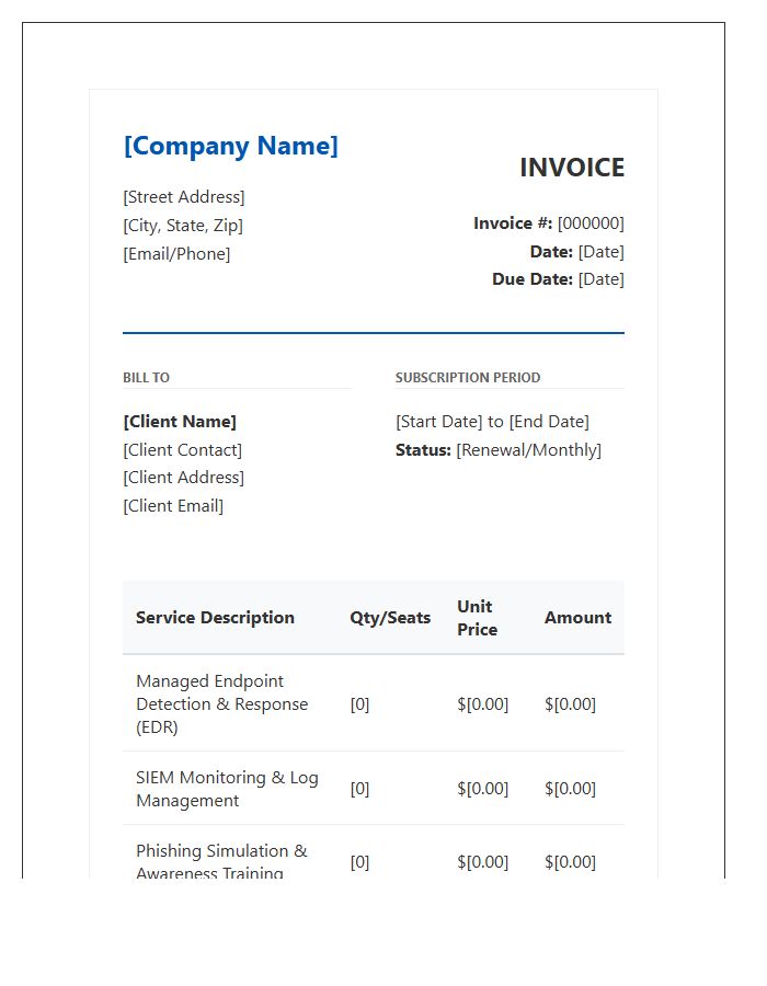 Cybersecurity Managed Services Subscription Invoice Template