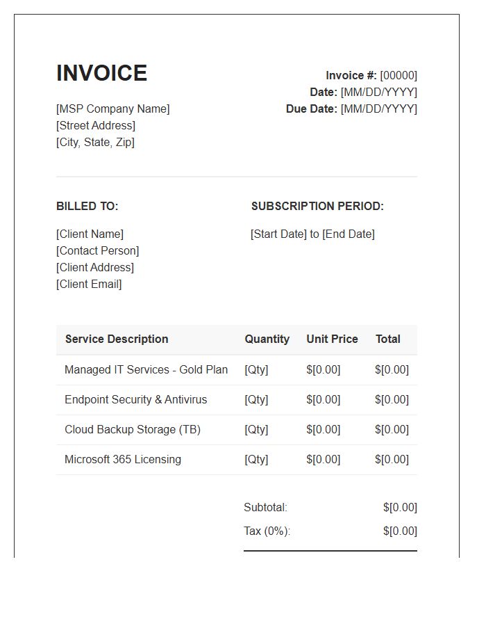 Managed Services Provider Subscription Invoice Template