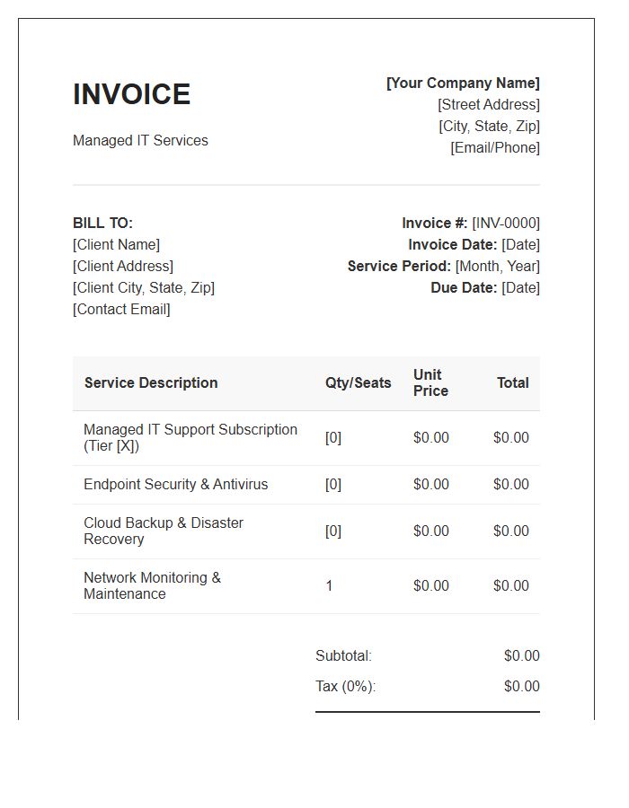 Monthly Managed IT Services Subscription Invoice Template