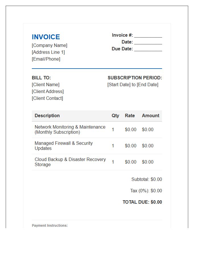 Network Administration Subscription Invoice Template