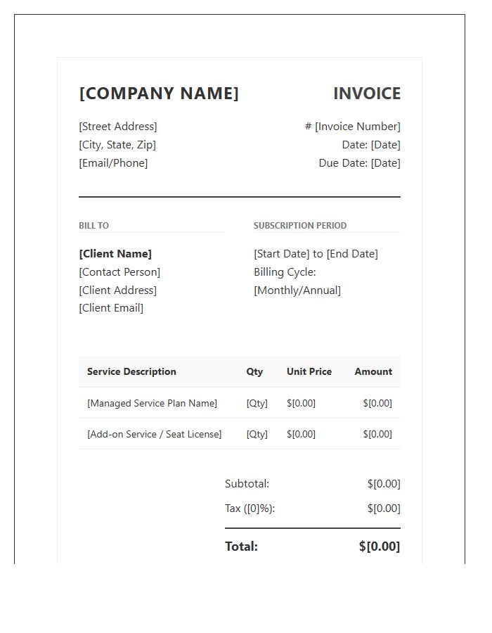 Professional Managed Services Subscription Invoice Template