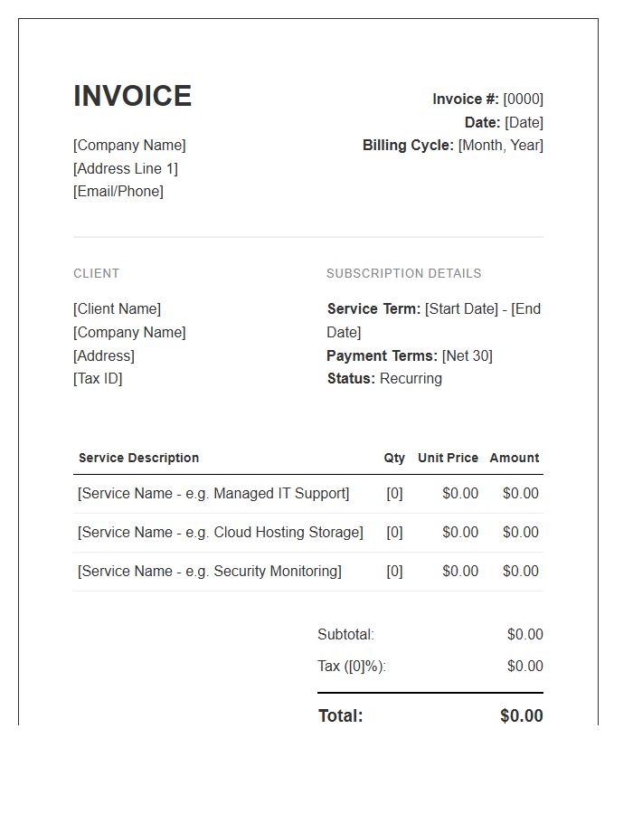 Recurring Managed Services Subscription Invoice Template