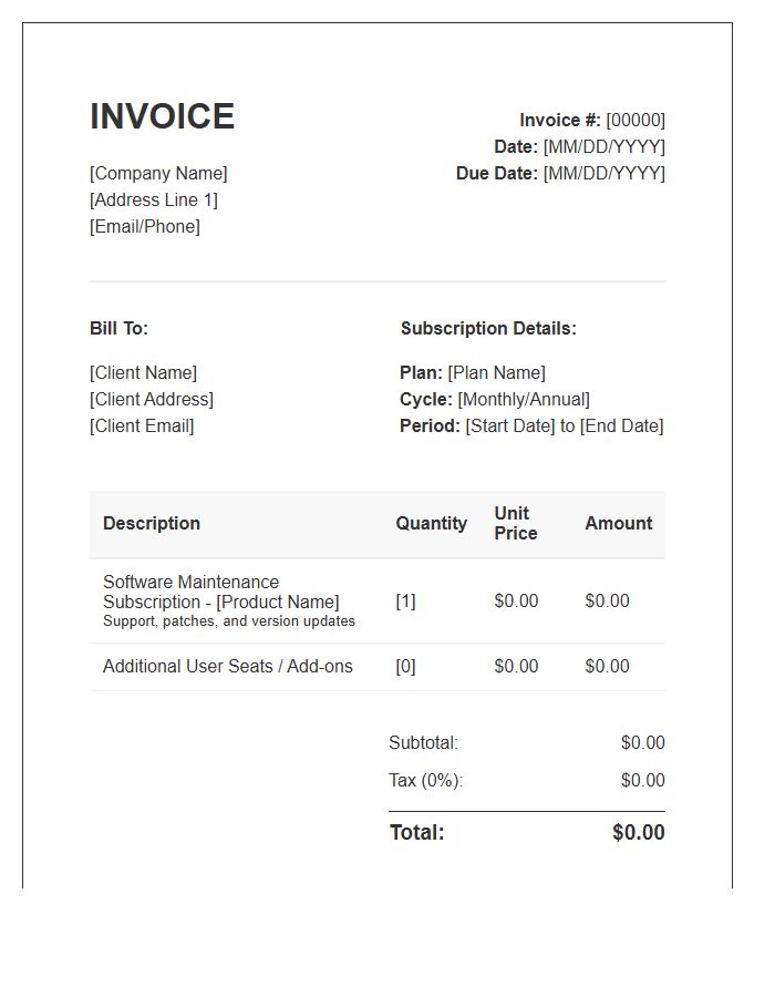 Software Maintenance Subscription Invoice Template