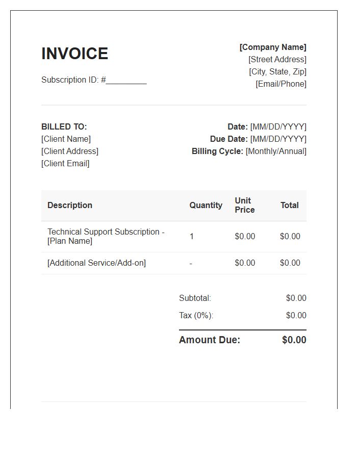 Technical Support Subscription Invoice Template