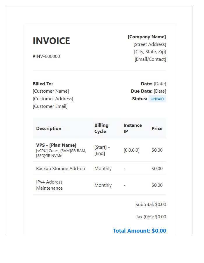 Virtual Private Server Subscription Invoice Template
