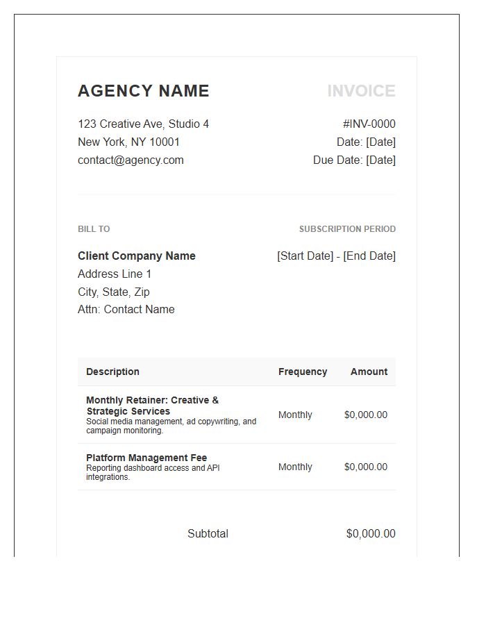 Advertising Agency Subscription Fee Invoice Template