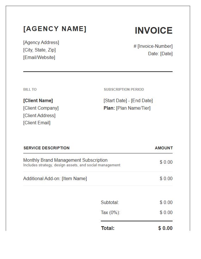Brand Agency Monthly Subscription Invoice Template