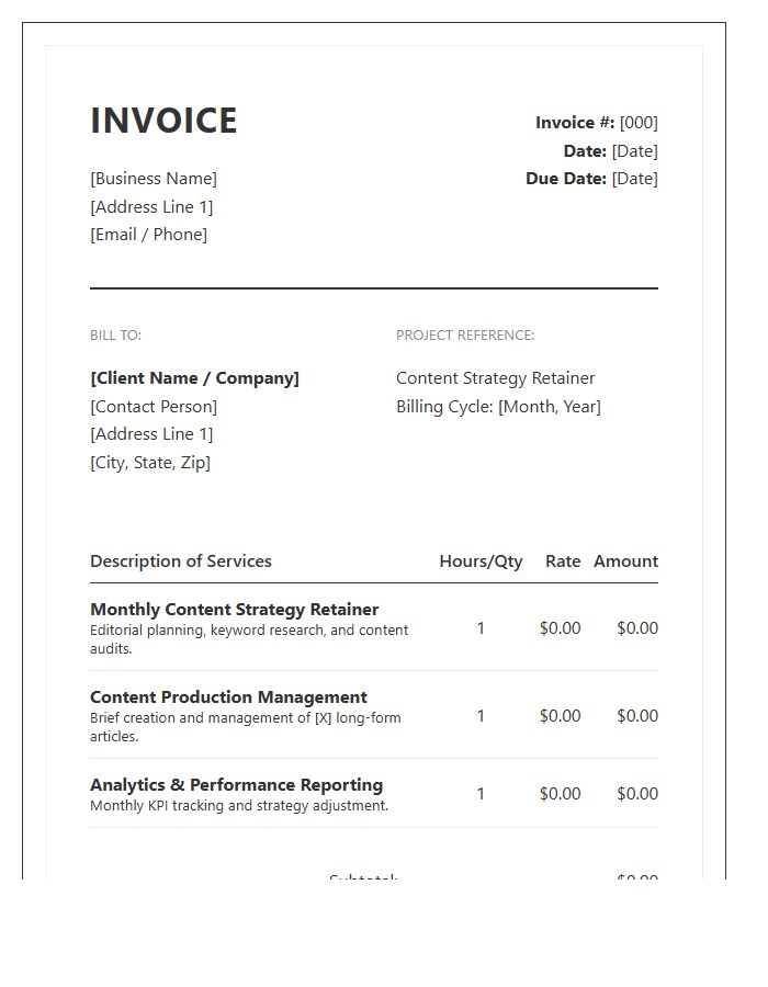 Content Strategy Monthly Retainer Invoice Template