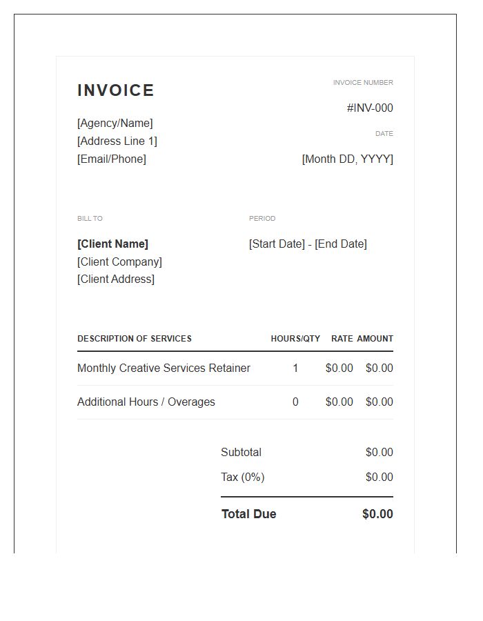Creative Services Retainer Invoice Template