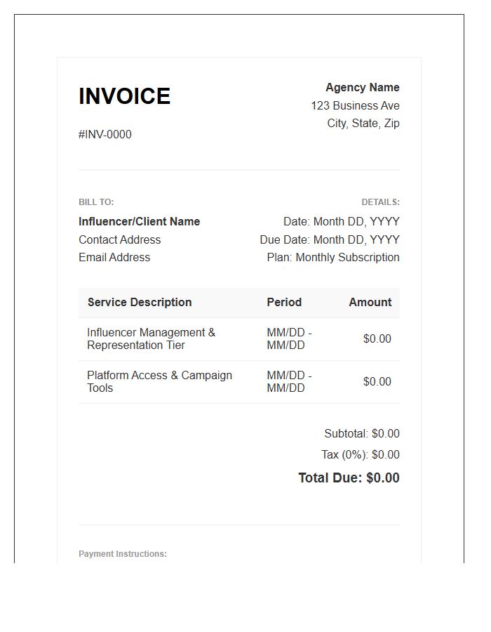 Influencer Management Subscription Invoice Template