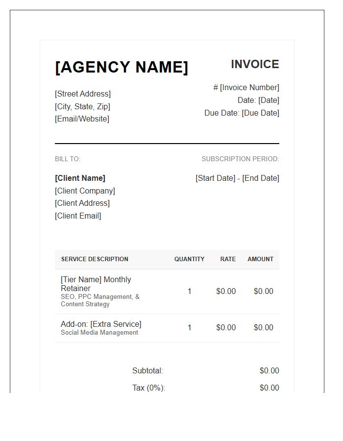 Marketing Agency Monthly Subscription Invoice Template