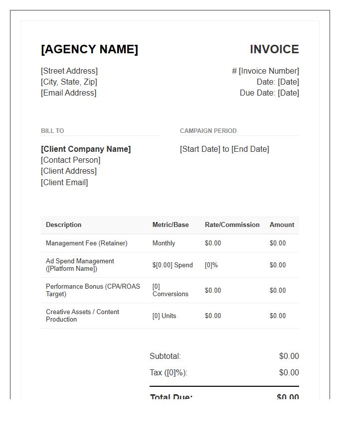 Performance Marketing Agency Billing Invoice Template