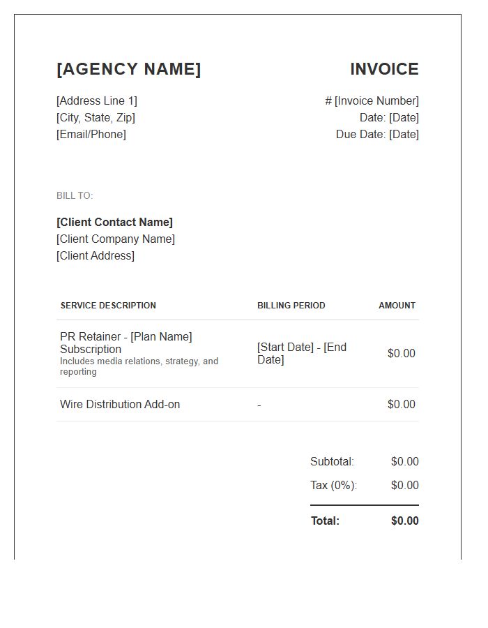 Public Relations Agency Subscription Invoice Template