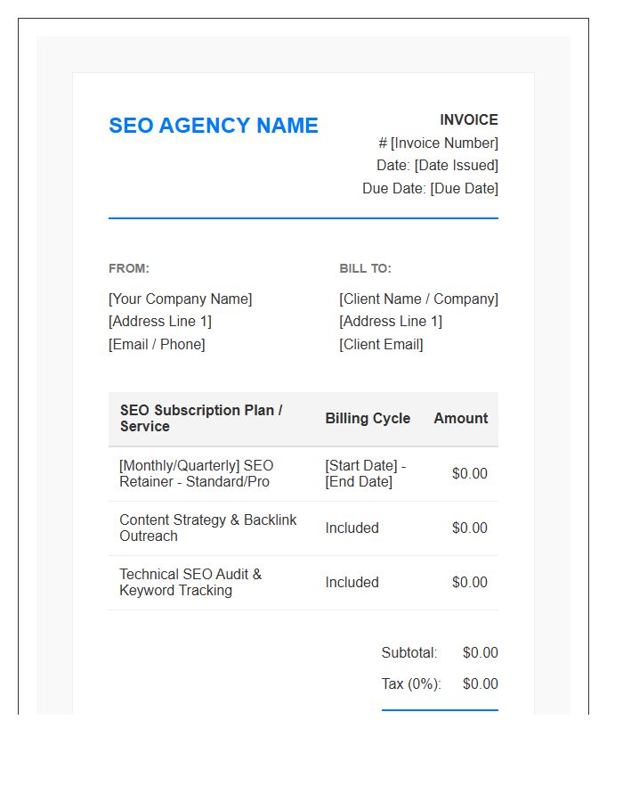 Search Engine Optimization Subscription Invoice Template