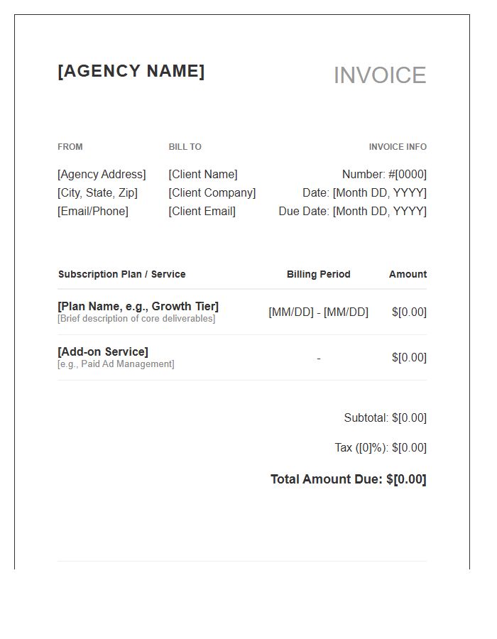 Social Media Agency Subscription Invoice Template