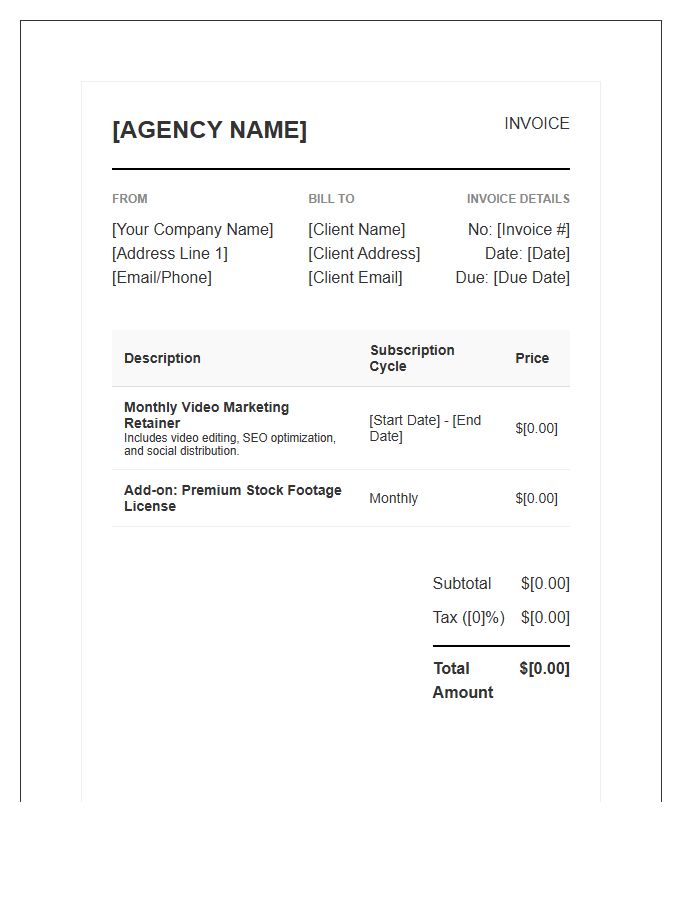 Video Marketing Monthly Subscription Invoice Template