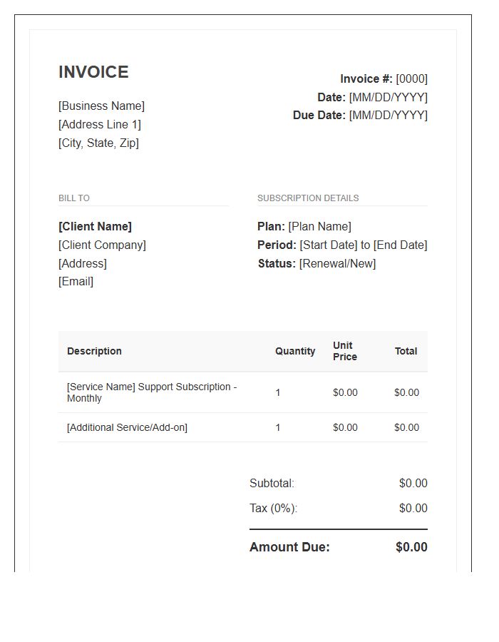 Business Support Subscription Invoice Template