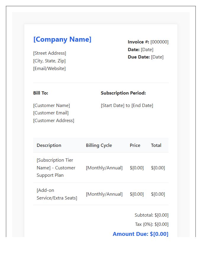 Customer Support Subscription Invoice Template