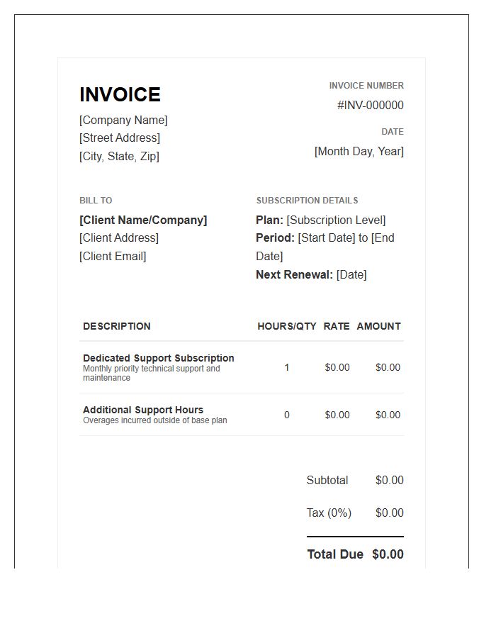 Dedicated Support Subscription Invoice Template