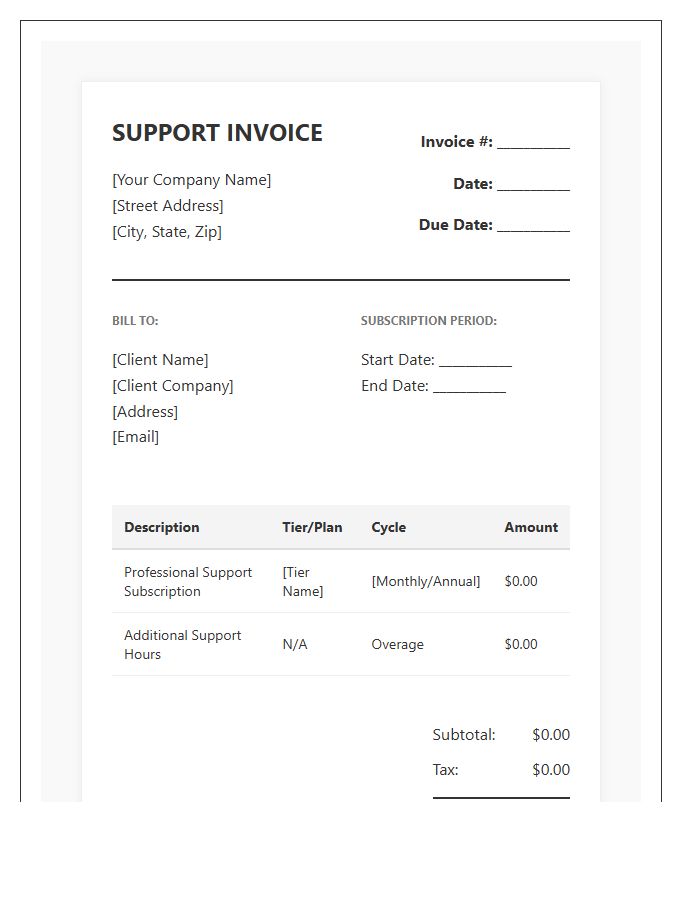 Professional Support Subscription Invoice Template