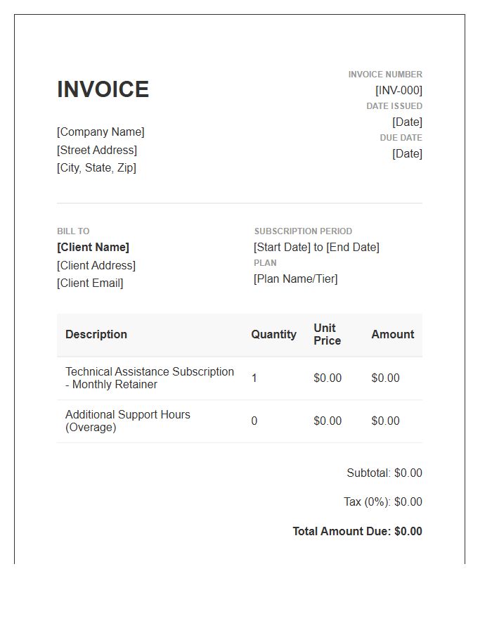 Technical Assistance Subscription Invoice Template
