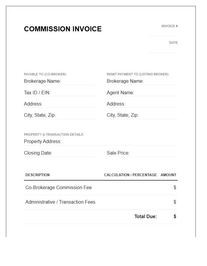 Co-Broker Commission Invoice Template