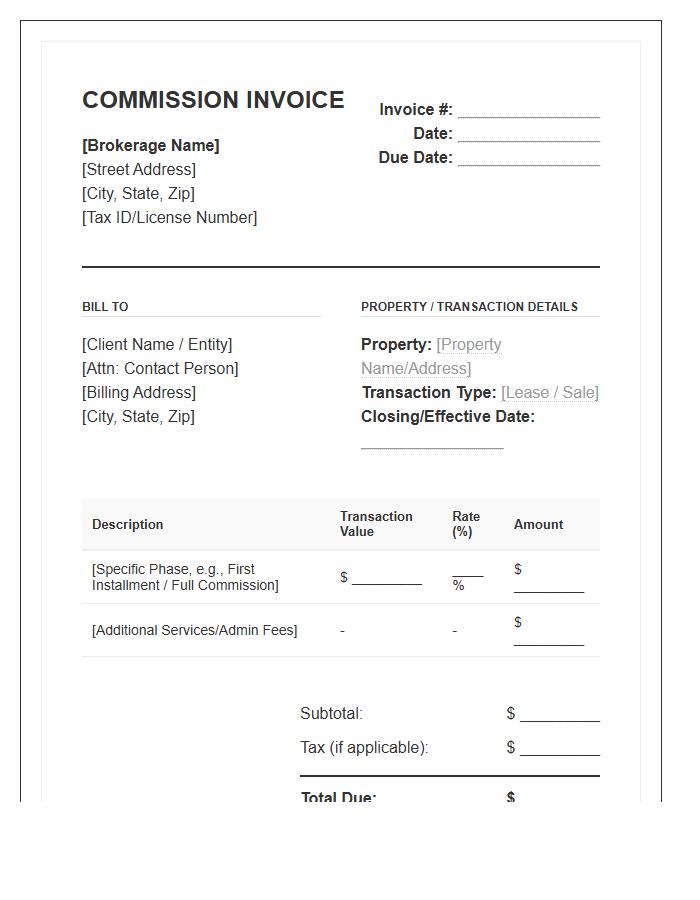 Commercial Brokerage Commission Invoice Template