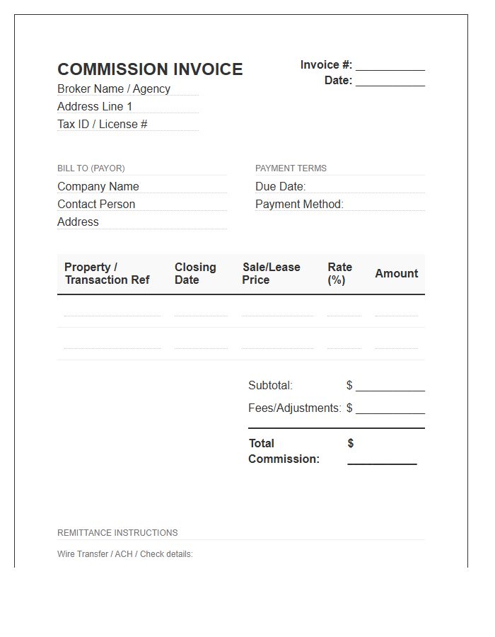 Independent Broker Commission Invoice Template