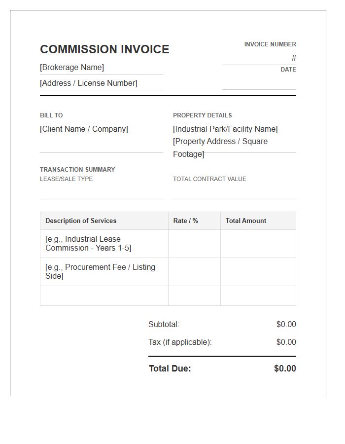 Industrial Real Estate Commission Invoice Template