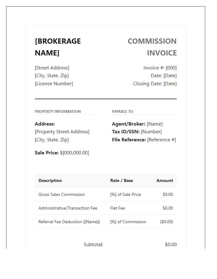 Professional Real Estate Commission Invoice Template