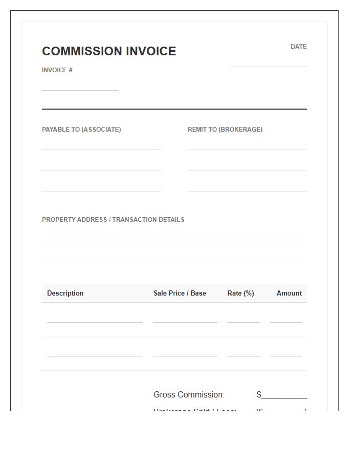 Real Estate Associate Commission Invoice Template