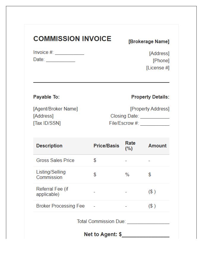 Real Estate Closing Commission Invoice Template