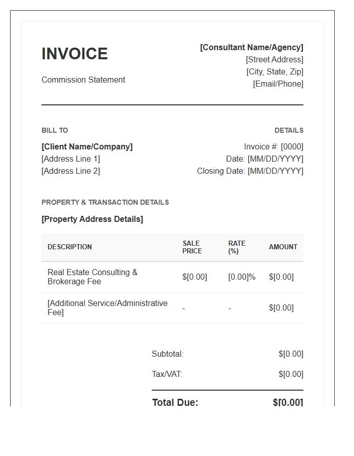 Real Estate Consultant Commission Invoice Template