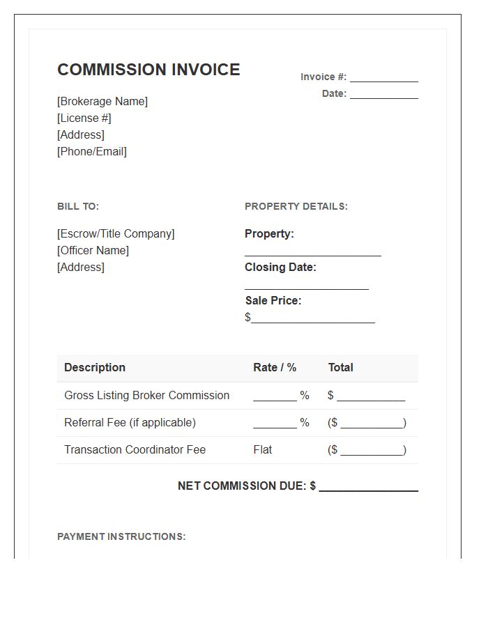 Real Estate Listing Agent Commission Invoice Template